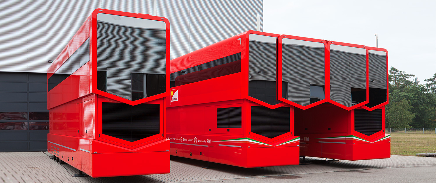 Red race trailer and living quarters custom made for ferrari